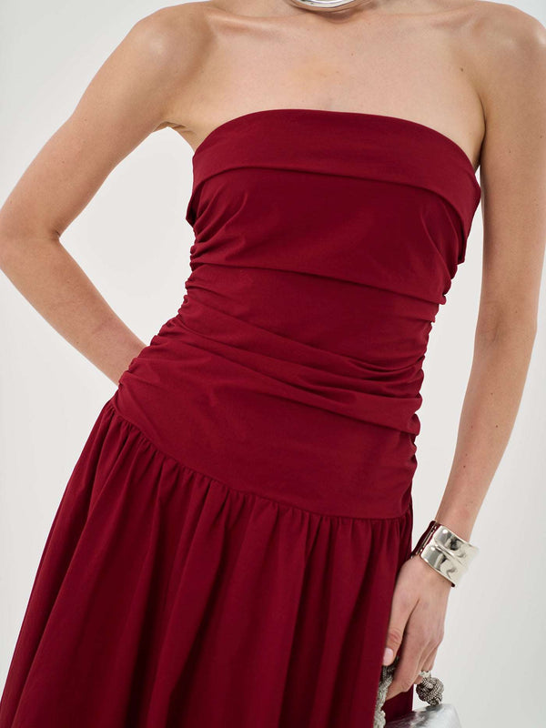 Extro & Vert Bandeau Puffball Hem Red Midi Dress