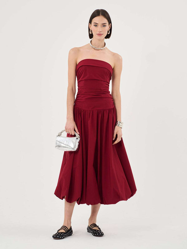 Extro & Vert Bandeau Puffball Hem Red Midi Dress