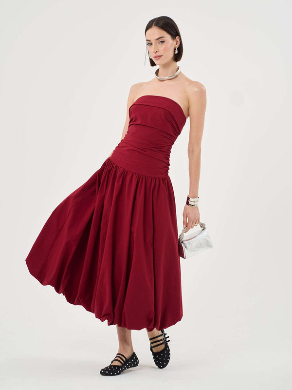 extro & vert Bandeau Puffball Hem Red Midi Dress