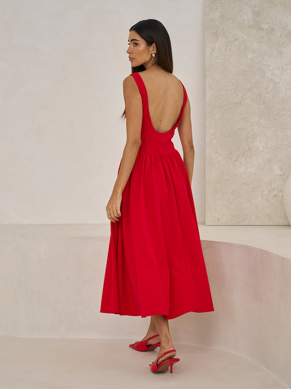 Extro & Vert BOAT NECK Red MIDI DRESS