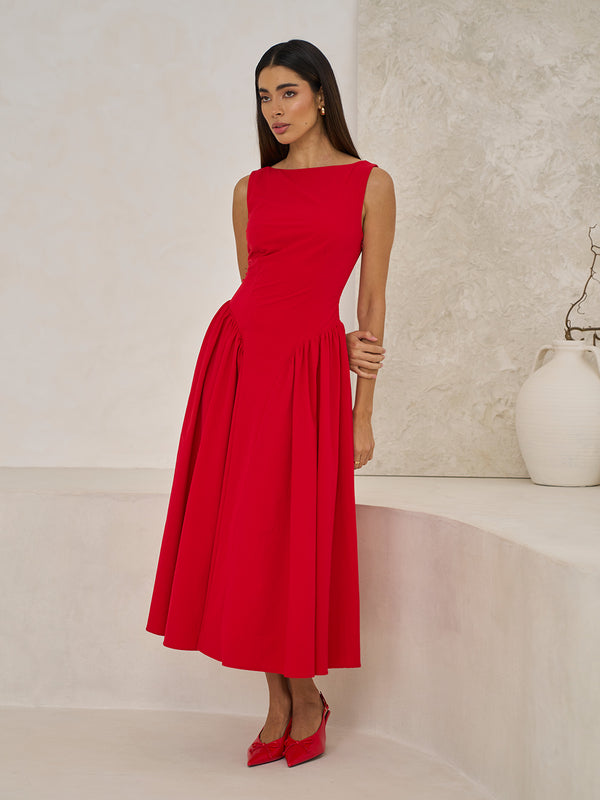 Extro & Vert BOAT NECK Red MIDI DRESS