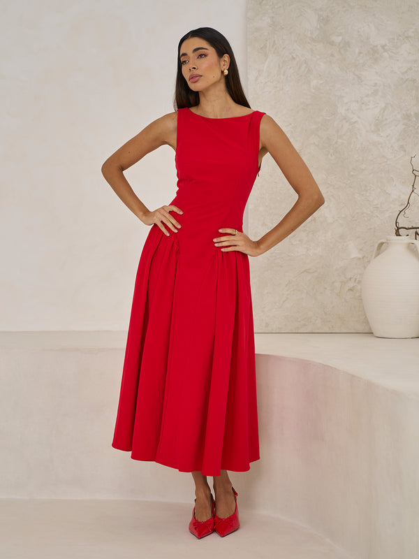Extro & Vert BOAT NECK Red MIDI DRESS