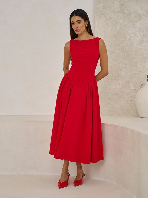 extro & vert BOAT NECK Red MIDI DRESS