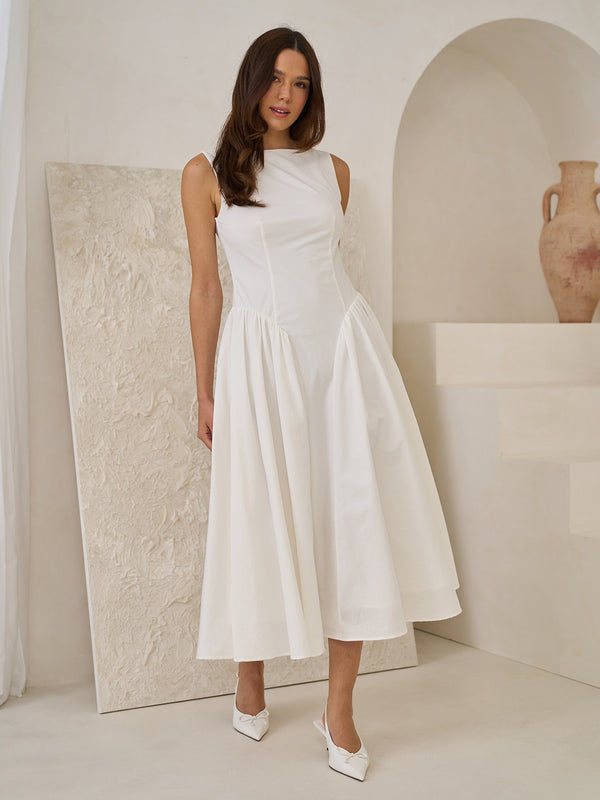 extro & vert BOAT NECK White MIDI DRESS