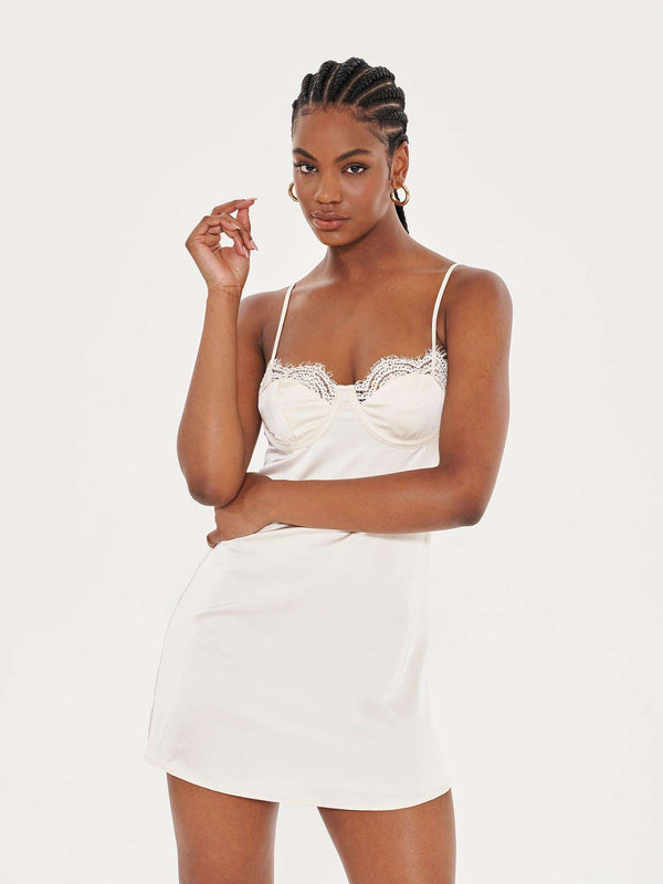 Extro & Vert Cream Lace Trim Satin Cami Dress