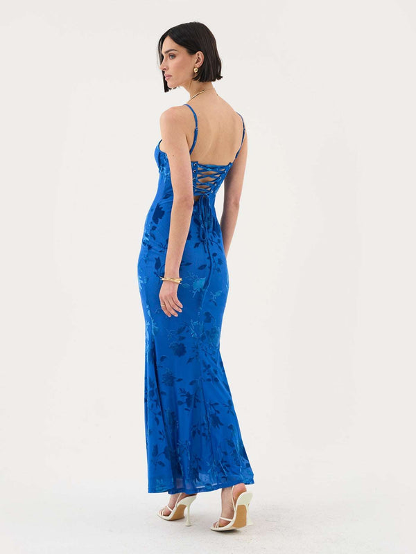Extro & Vert Floral Burnout Maxi Dress In Cobalt Blue