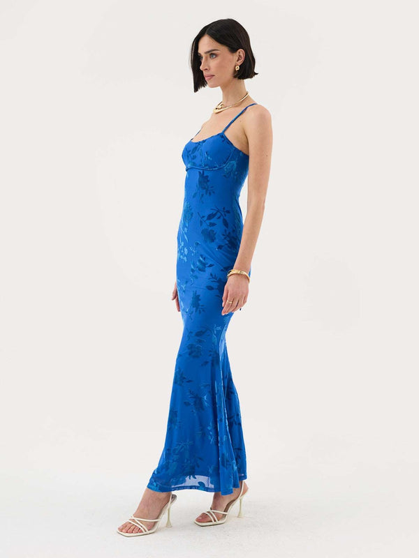 Extro & Vert Floral Burnout Maxi Dress In Cobalt Blue
