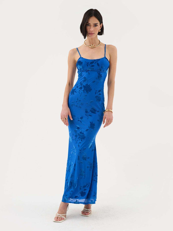 extro & vert Floral Burnout Maxi Dress in Cobalt Blue