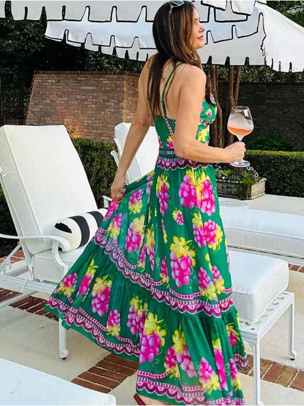 Extro & Vert Grape Print V-Neck One-Piece Swimsuit&Long Skirt