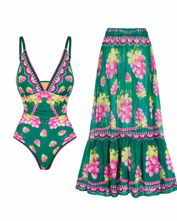 extro & vert Grape Print V-Neck One-Piece Swimsuit&Long Skirt