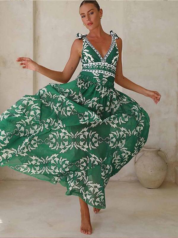 Extro & Vert Green Butterfly Strap V-Neck One-Piece Swimsuit&Long Skirt