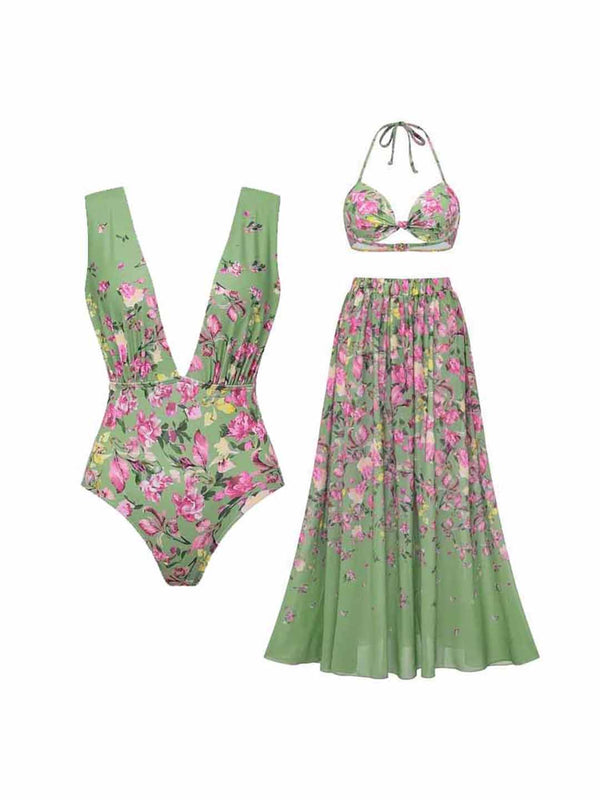 Extro & Vert Green Floral One Piece Swimsuit&Long Skirt&Bra