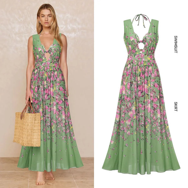 Extro & Vert Green Floral One Piece Swimsuit&Long Skirt&Bra