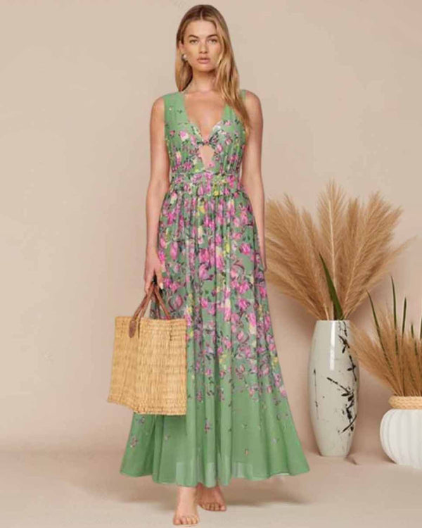 extro & vert Green Floral One Piece Swimsuit&Long Skirt&Bra