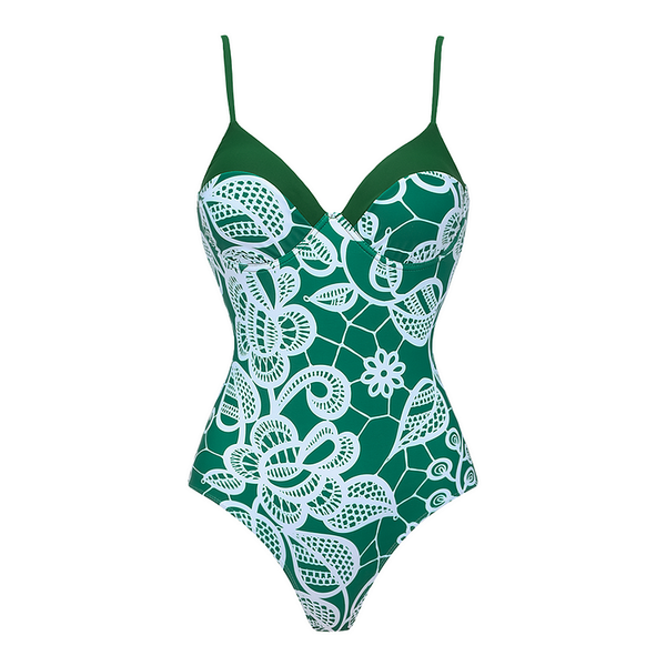 Extro & Vert Green Lace Printed One Piece Swimsuit And Skirt