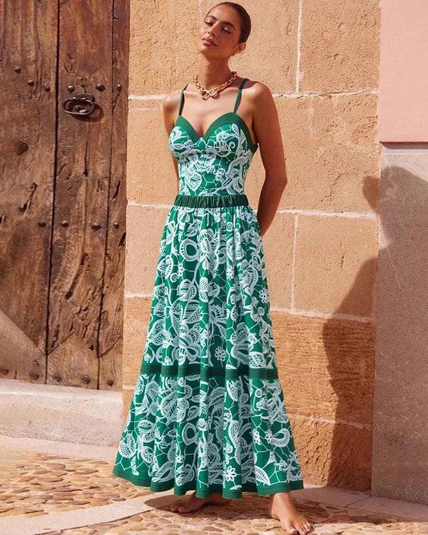 extro & vert Green Lace Printed One Piece Swimsuit and Skirt