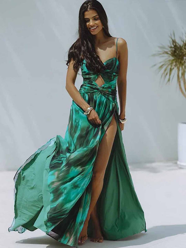Extro & Vert High-Grade Green Printed Hollow One-Piece Swimsuit&Long Skirt