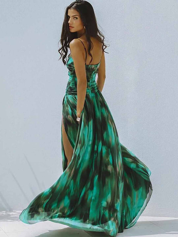 Extro & Vert High-Grade Green Printed Hollow One-Piece Swimsuit&Long Skirt