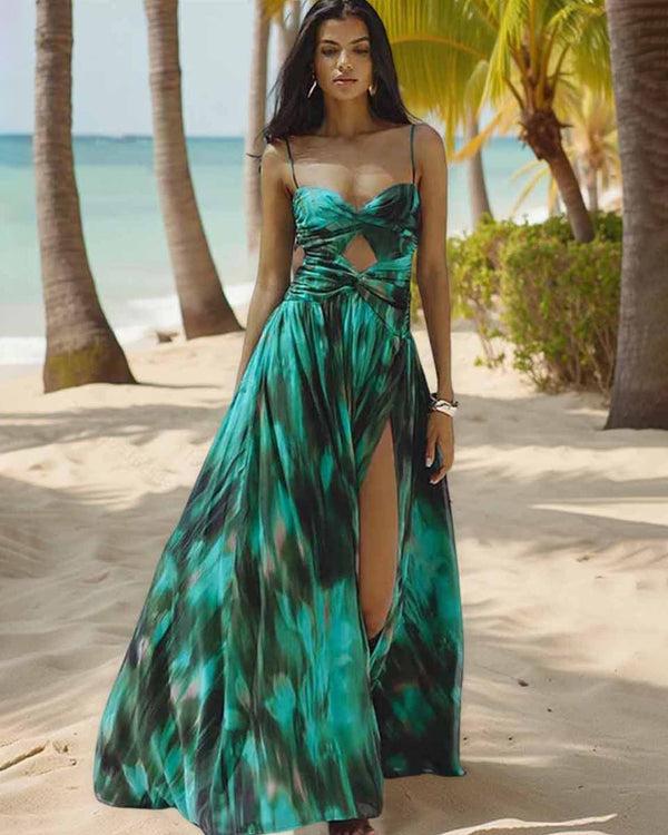 extro & vert High-Grade Green Printed Hollow One-Piece Swimsuit&Long Skirt