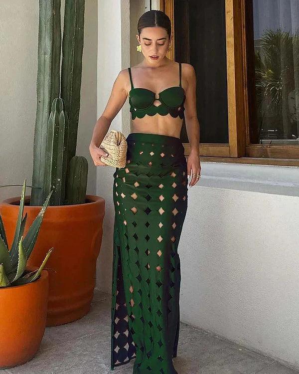 extro & vert Hollow Cutting Circularity Deisgn Bikini Swimsuit and Split Skirt