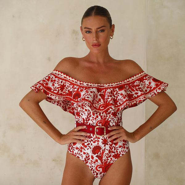 Extro & Vert Hot Floral Print Ruffled One-Piece Swimsuit & Long Skirt