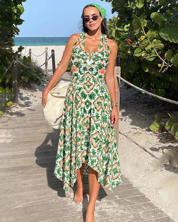 extro & vert Mesh Halter Straps Printed One Piece Swimsuit and Skirt