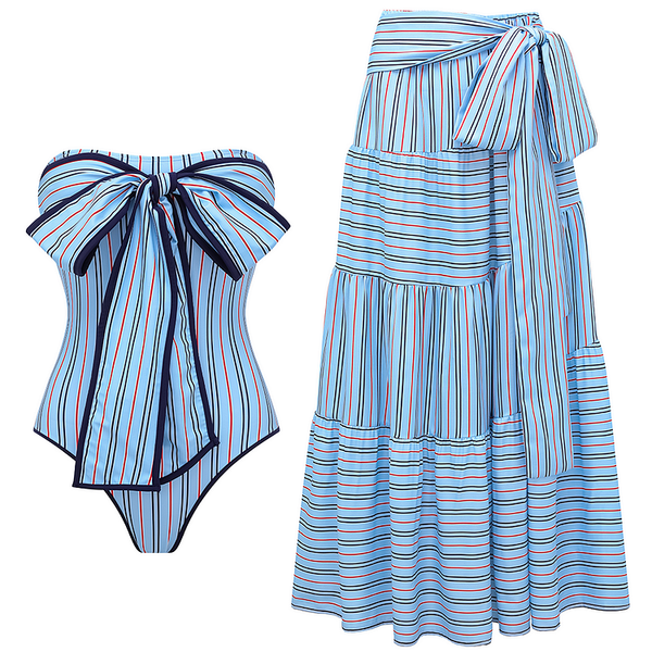 Extro & Vert Multi-Way Striped Bow One Piece Swimsuit And Skirt