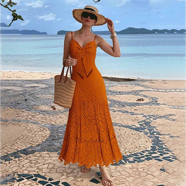 Extro & Vert Orange Halter Neck Tie One Piece Swimsuit&Long Skirt