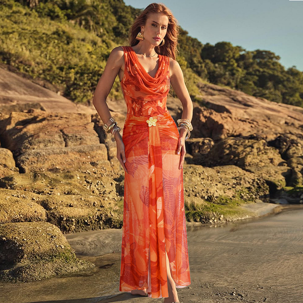 Extro & Vert Orange Lily Print One Piece Swimsuit And Sarong (Multiple Ways To Wear)