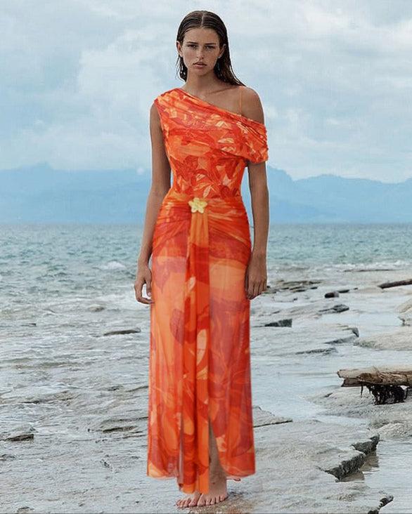 extro & vert Orange Lily Print One Piece Swimsuit and Sarong (Multiple ways to wear)