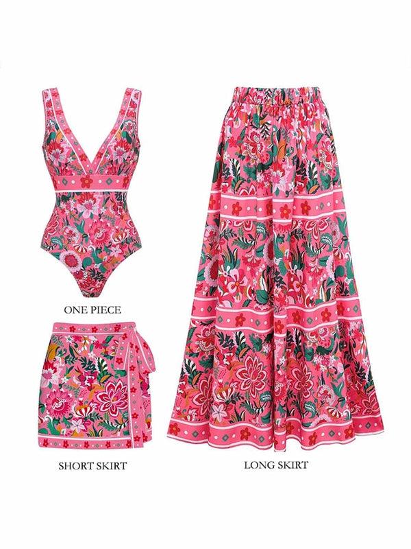 Extro & Vert Pink Florals Printed V Neck One-Piece Swimsuit Set