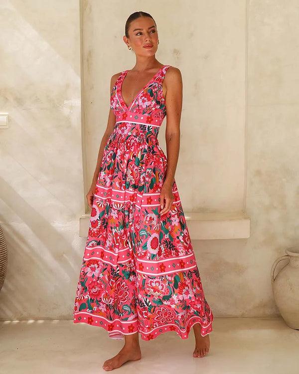 Extro & Vert Pink Florals Printed V Neck One-Piece Swimsuit Set