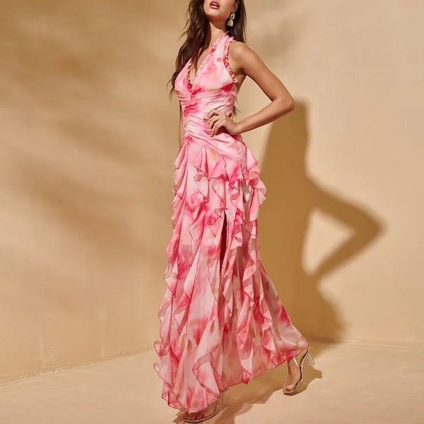 Extro & Vert Pink Flower-dyed Halter Neck One Piece Swimsuit And Skirt