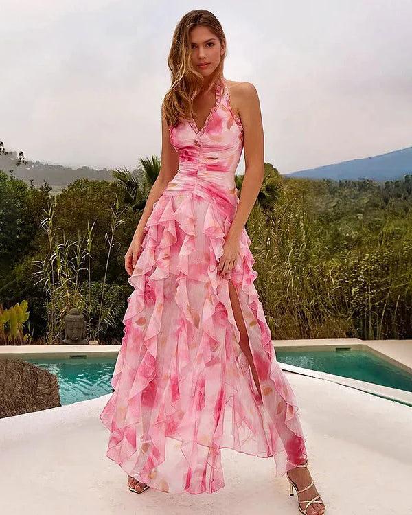 extro & vert Pink Flower-dyed Halter Neck One Piece Swimsuit and Skirt