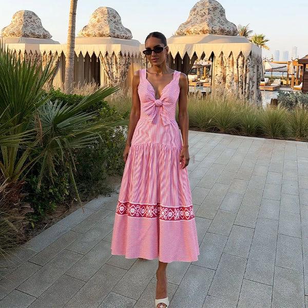 Extro & Vert Pink Striped Tie-front One-Piece Swimsuit&Long Skirt