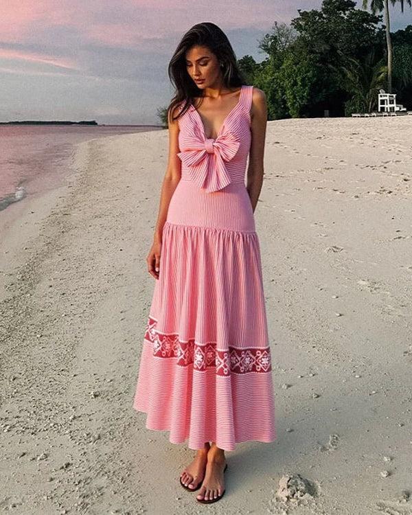 extro & vert Pink Striped Tie-front One-Piece Swimsuit&Long Skirt