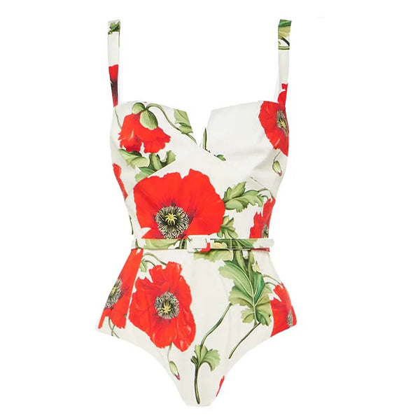 Extro & Vert Poppy Flower Printed One Piece Swimsuit And Skirt