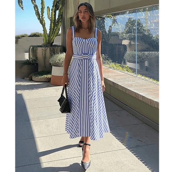 Extro & Vert Sling Blue Classic Striped Print One Piece Swimsuit And Skirt