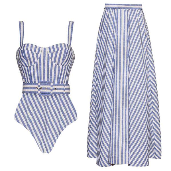 Extro & Vert Sling Blue Classic Striped Print One Piece Swimsuit And Skirt