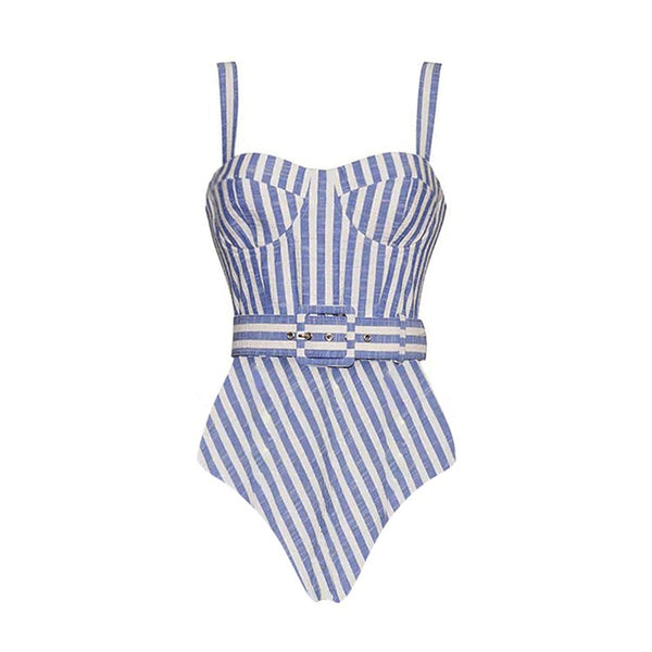 Extro & Vert Sling Blue Classic Striped Print One Piece Swimsuit And Skirt