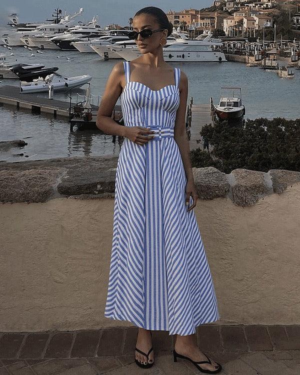 extro & vert Sling Blue Classic Striped Print One Piece Swimsuit and Skirt