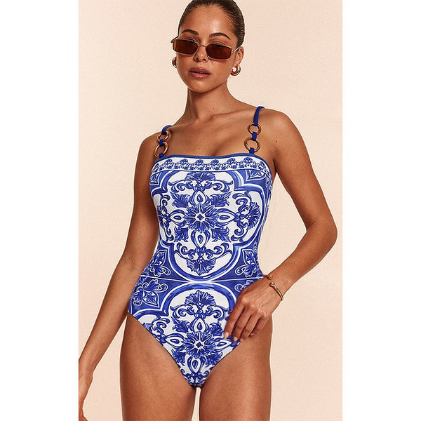 Extro & Vert Sling Classic Majolica Series Pattern Print One Piece Swimsuit And Skirt Or Shorts