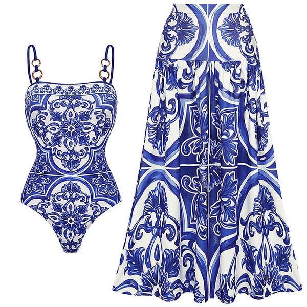 Extro & Vert Sling Classic Majolica Series Pattern Print One Piece Swimsuit And Skirt Or Shorts