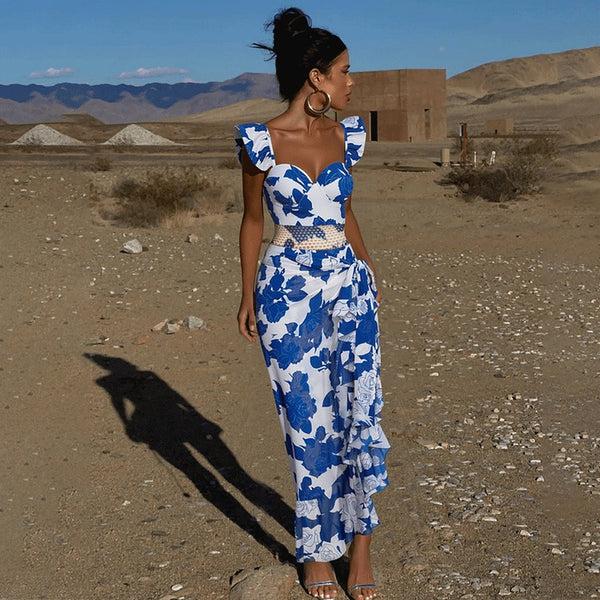 Extro & Vert Sling Ruffle Blue Printed One Piece Swimsuit And Sarong