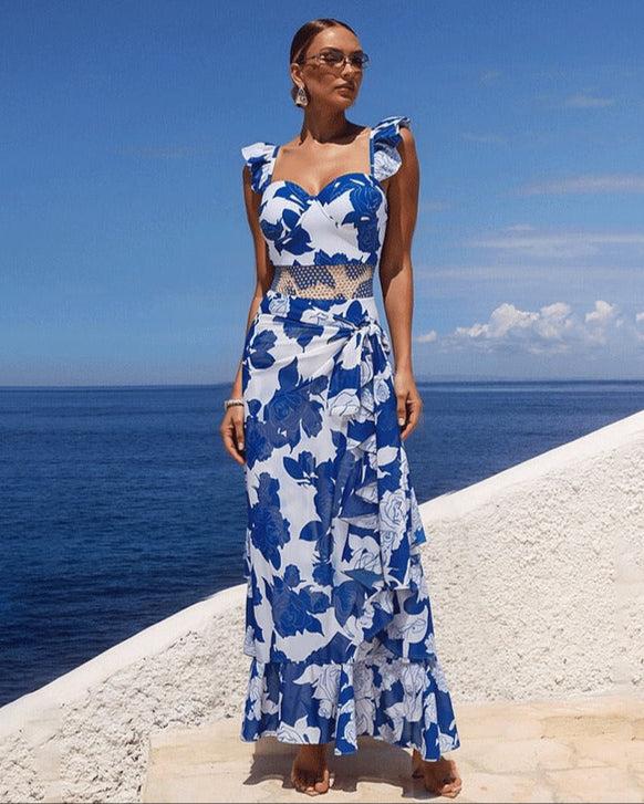 extro & vert Sling Ruffle Blue Printed One Piece Swimsuit and Sarong