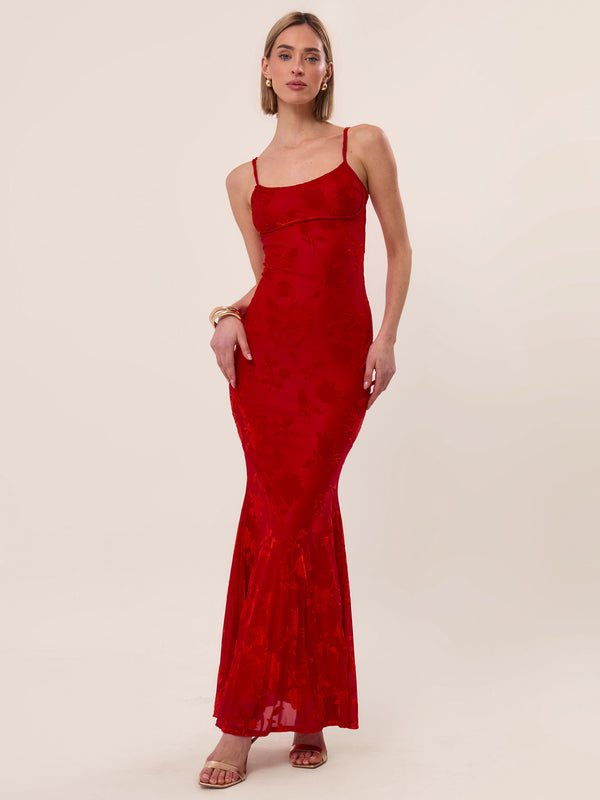 extro & vert Strappy Floral Burnout Maxi Dress In Red