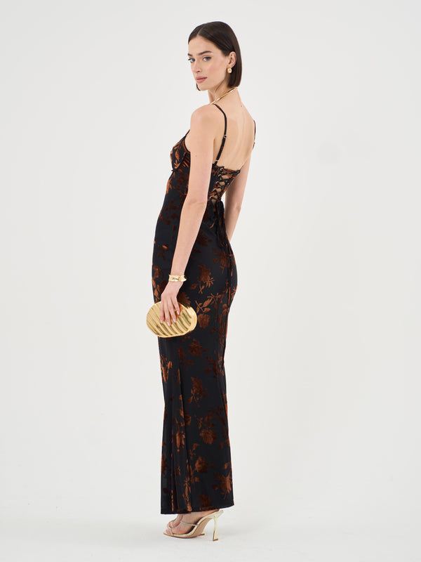 Extro & Vert Strappy Floral Burnout Maxi Dress In Rust