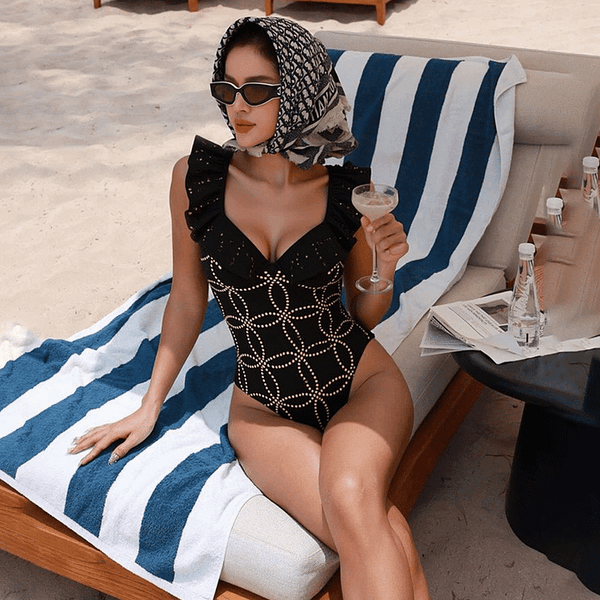 Extro & Vert Underwired Black Ruffle Laser Cutting Flower One Piece Swimsuit And Skirt