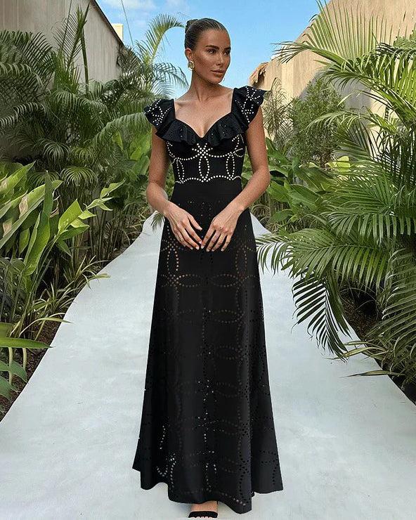 extro & vert Underwired Black Ruffle Laser Cutting Flower One Piece Swimsuit and Skirt