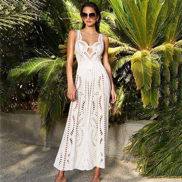 Extro & Vert White Hollow One Piece Swimsuit&Long Skirt